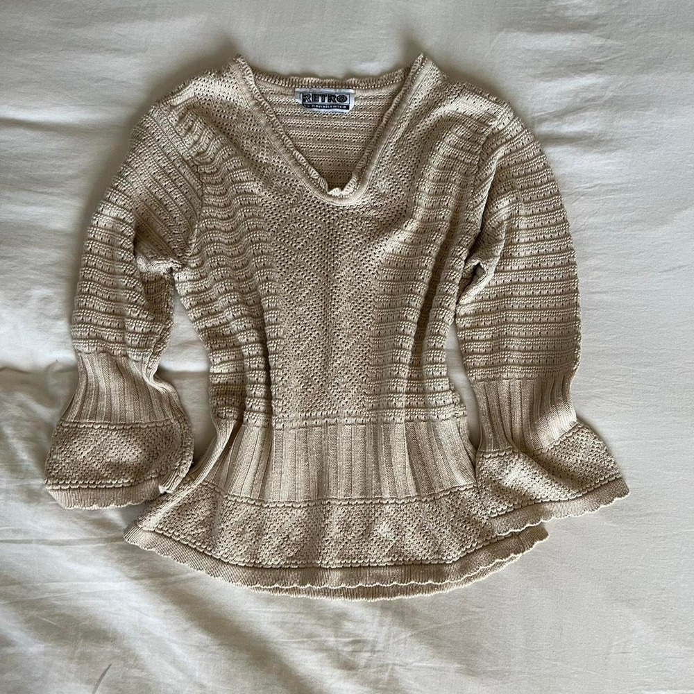 Fisherman Women's Cream Pointelle Knit Scallop Sweater with bell sleeves
